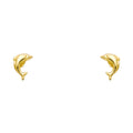 14K yellow gold dolphin stud earrings with screw back closure on white background