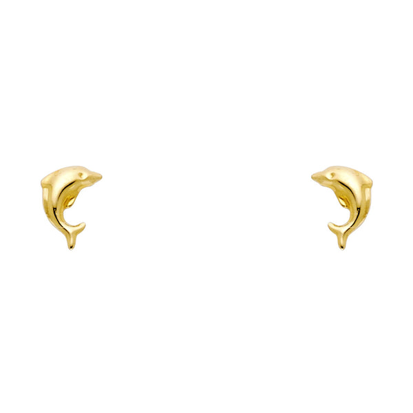14K yellow gold dolphin stud earrings with screw back closure on white background