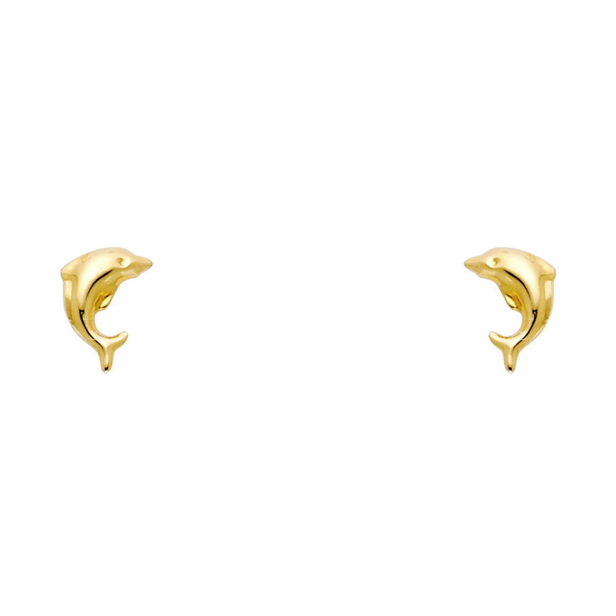 14K yellow gold dolphin stud earrings with screw back closure on white background
