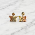 14K tri-color gold CZ butterfly stud earrings front and back view on marble surface with screw backs