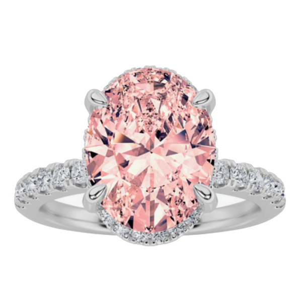 14K white gold 1.51ct fancy vivid pink IGI certified lab grown diamond oval ring with hidden halo and pavé band on white background