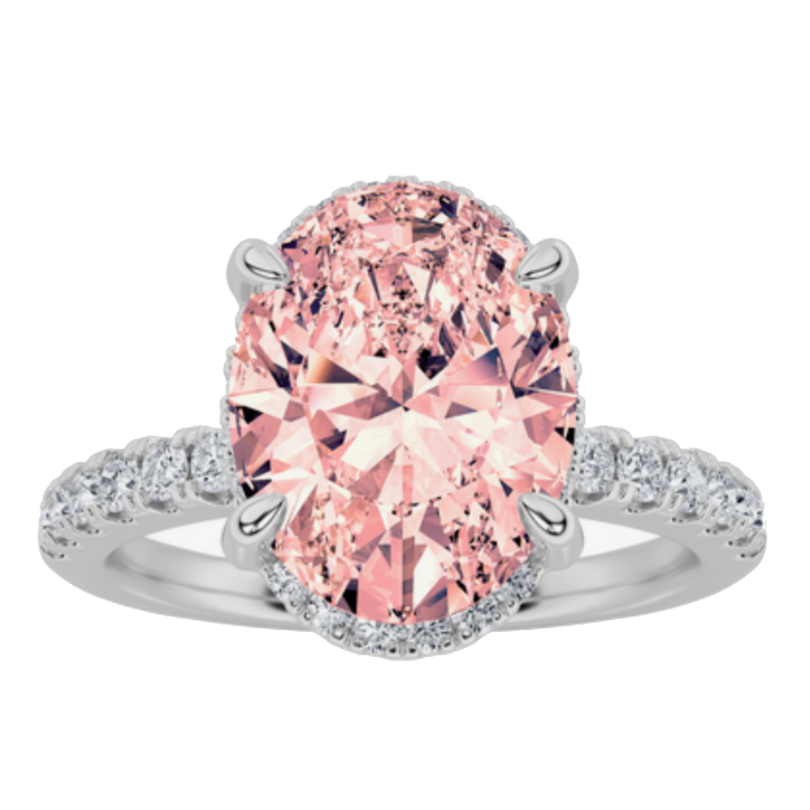 14K white gold 1.51ct fancy vivid pink IGI certified lab grown diamond oval ring with hidden halo and pavé band on white background