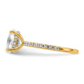 14K yellow gold 1 7/8 carat oval lab grown diamond engagement ring angled view with hidden halo and pavé band on white background