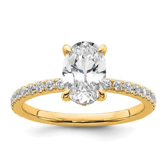 14K yellow gold oval cut IGI certified lab grown diamond solitaire with flair engagement ring front view on white background