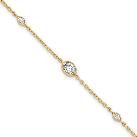 14K yellow gold lab grown diamond cable bracelet close-up with bezel-set diamond stations on white background