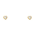 14K yellow gold 4mm heart CZ solitaire stud earrings with diamond-cut border and screw back closure on white background