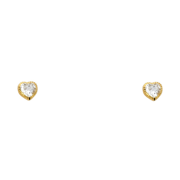 14K yellow gold 4mm heart CZ solitaire stud earrings with diamond-cut border and screw back closure on white background