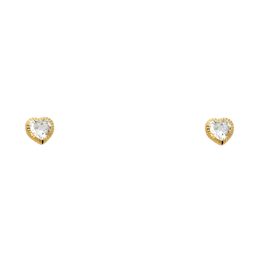 14K yellow gold 4mm heart CZ solitaire stud earrings with diamond-cut border and screw back closure on white background