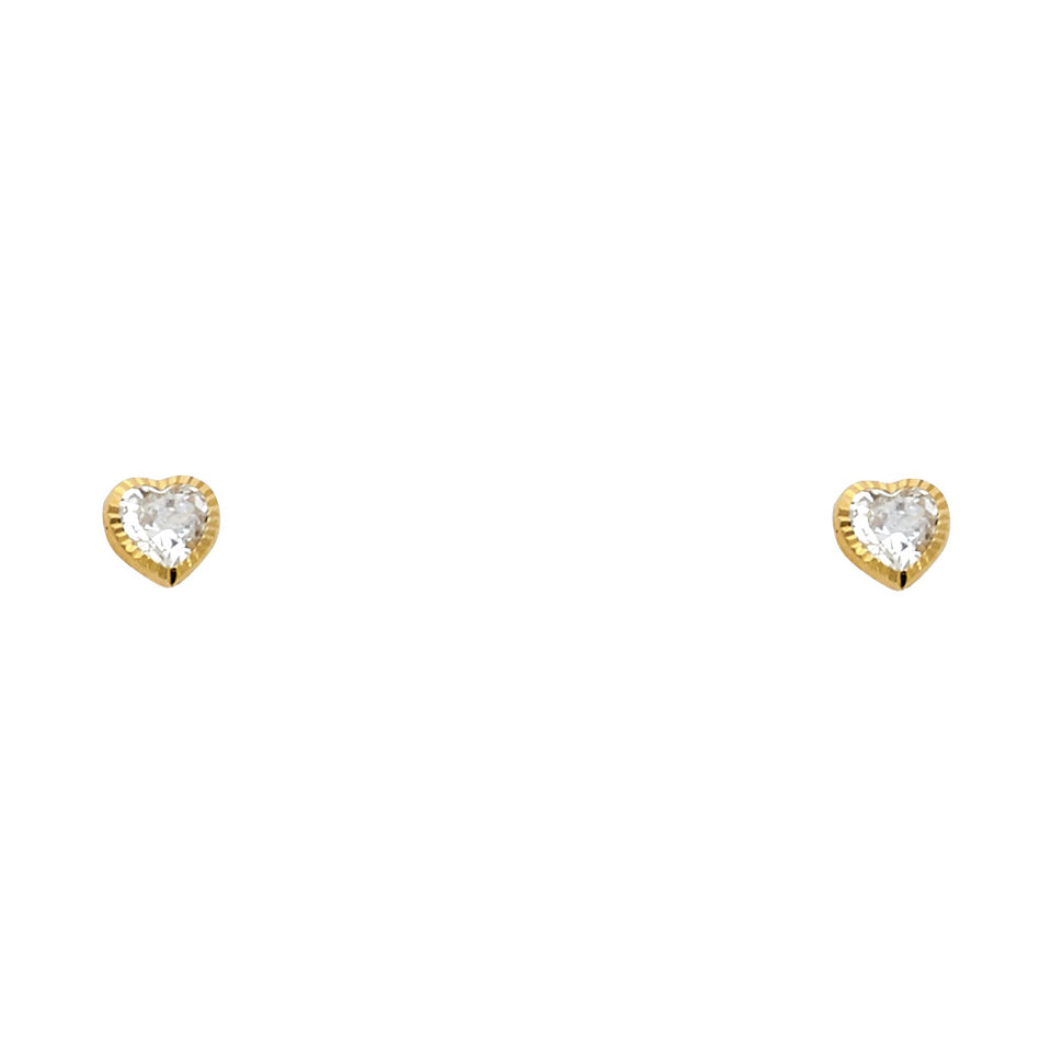 14K yellow gold 4mm heart CZ solitaire stud earrings with diamond-cut border and screw back closure on white background