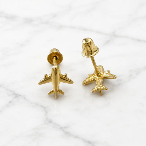14K yellow gold airplane screw back stud earrings front and back view on marble surface
