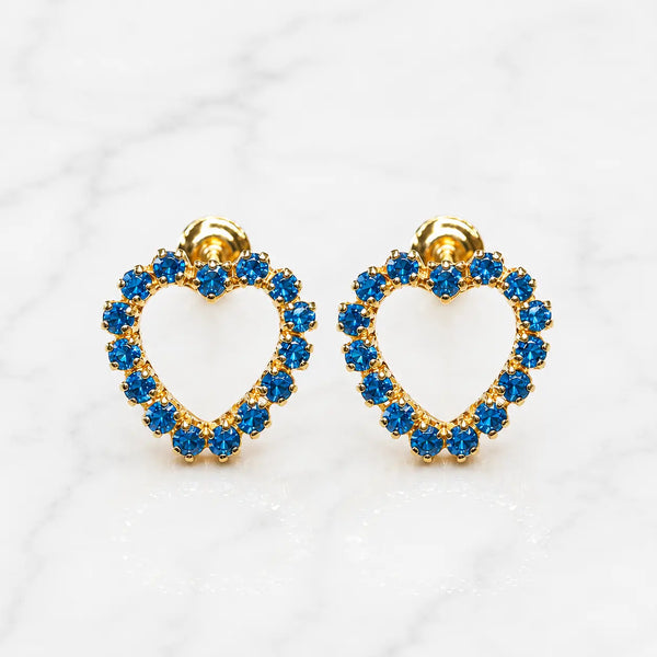 14K yellow gold blue CZ heart screw back stud earrings with open heart design on marble surface