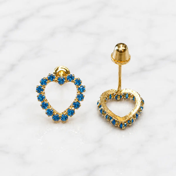 14K yellow gold blue CZ open heart screw back stud earrings front and back view on marble surface