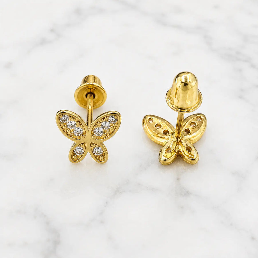 14K yellow gold CZ butterfly screw back stud earrings front and back view on marble surface