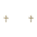 14K yellow gold cross CZ stud earrings with round clear stones and screw back closure on white background