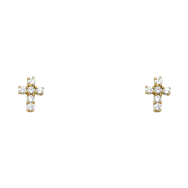 14K yellow gold cross CZ stud earrings with round clear stones and screw back closure on white background
