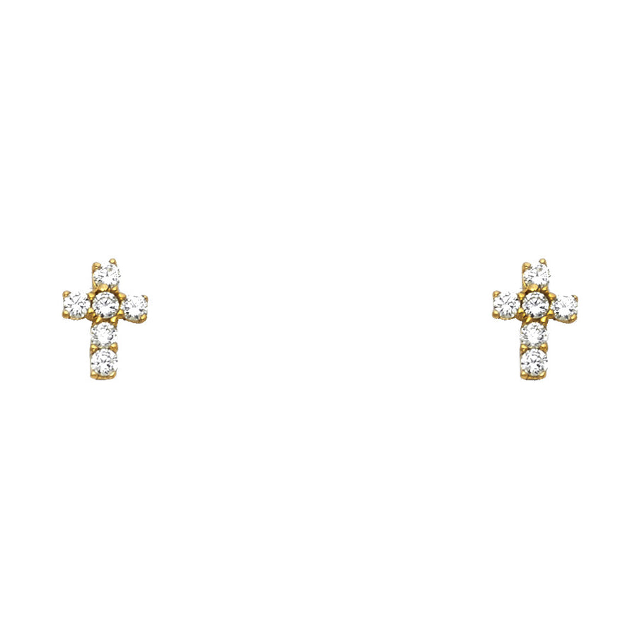 14K yellow gold cross CZ stud earrings with round clear stones and screw back closure on white background