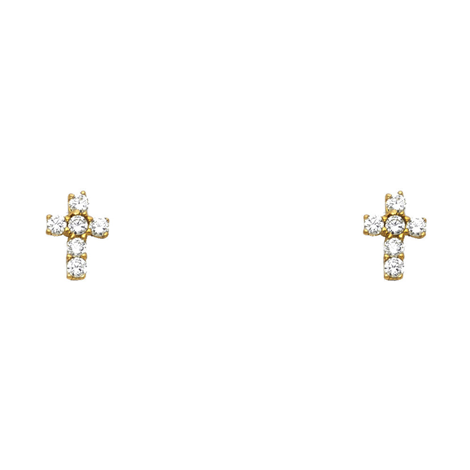 14K yellow gold cross CZ stud earrings with round clear stones and screw back closure on white background