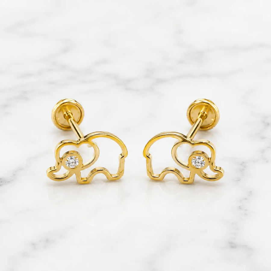 14K yellow gold elephant screw back stud earrings with open outline and clear CZ center on marble surface