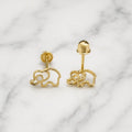 14K yellow gold elephant CZ stud earrings front and back view with screw backs on marble surface