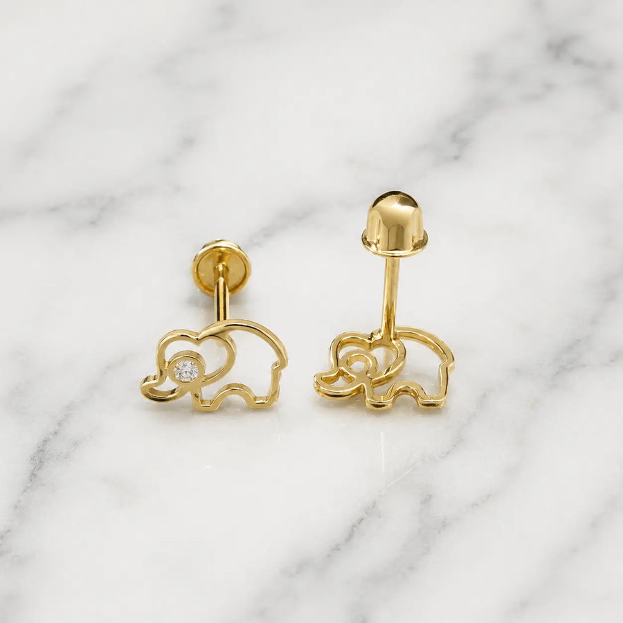 14K yellow gold elephant CZ stud earrings front and back view with screw backs on marble surface
