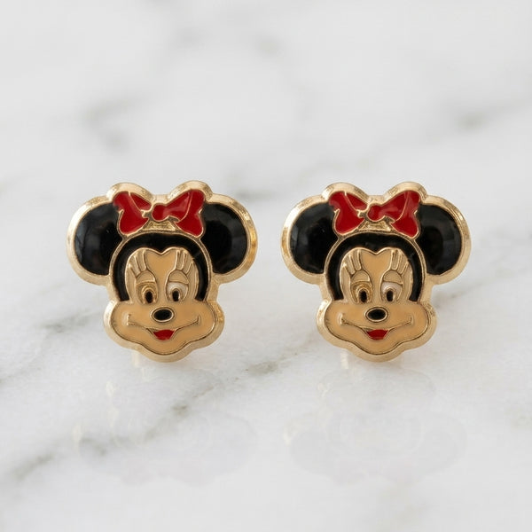 14K yellow gold enamel mouse face stud earrings with black ears and red bow detail on marble surface