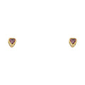 14K yellow gold 3mm heart-shaped purple CZ bezel stud earrings front view with open gallery detail on white background