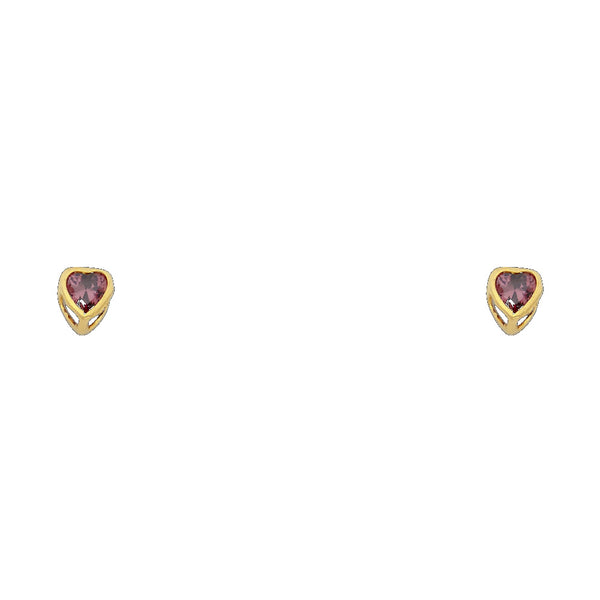 14K yellow gold 3mm heart-shaped purple CZ bezel stud earrings front view with open gallery detail on white background