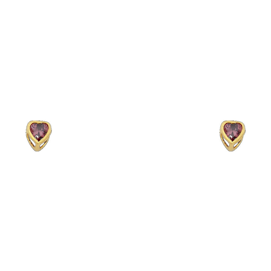 14K yellow gold 3mm heart-shaped purple CZ bezel stud earrings front view with open gallery detail on white background