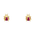 14K yellow gold ladybug stud earrings with red CZ body and accents with screw back closure on white background