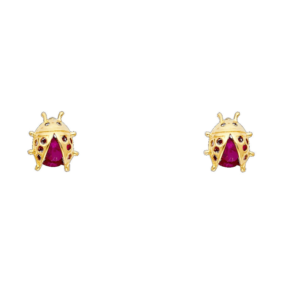 14K yellow gold ladybug stud earrings with red CZ body and accents with screw back closure on white background