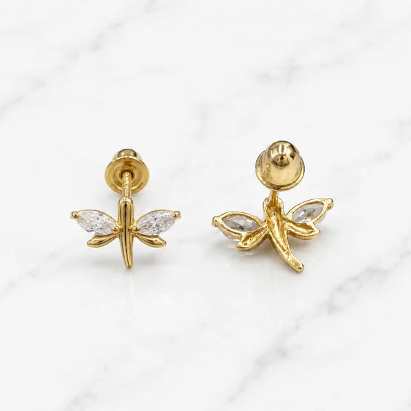 14K yellow gold CZ dragonfly stud earrings front and back view on marble surface with screw backs