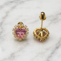 14K yellow gold pink CZ heart halo screw back stud earrings front and back view on marble surface