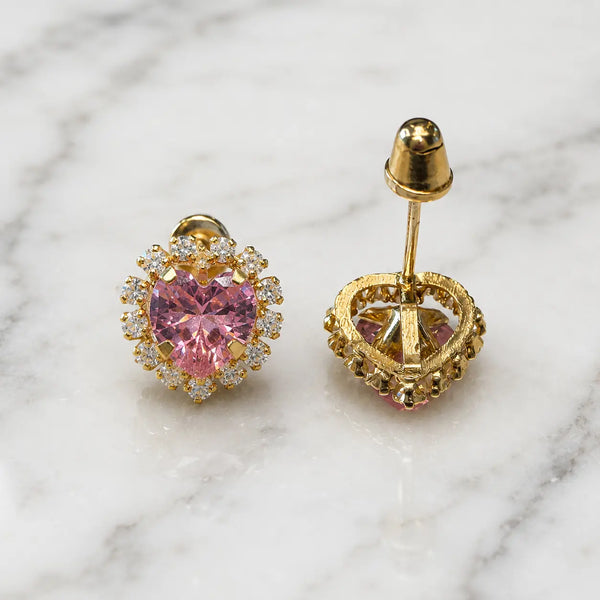 14K yellow gold pink CZ heart halo screw back stud earrings front and back view on marble surface