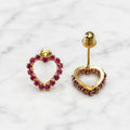 14K yellow gold pink CZ open heart screw back stud earrings front and back view on marble surface