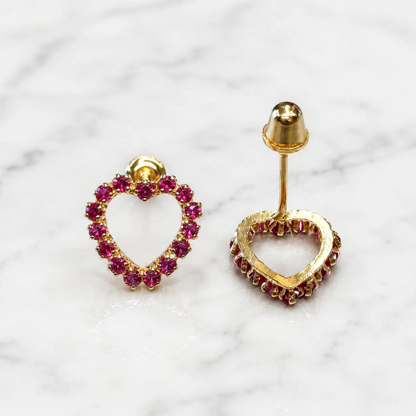 14K yellow gold pink CZ open heart screw back stud earrings front and back view on marble surface