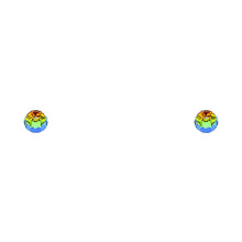 14K yellow gold round rainbow CZ stud earrings with faceted multicolor stones and secure screw back closure on white background