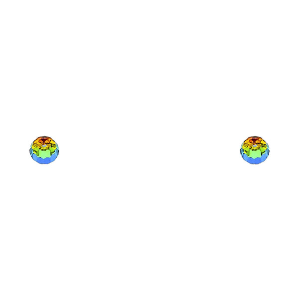 14K yellow gold round rainbow CZ stud earrings with faceted multicolor stones and secure screw back closure on white background