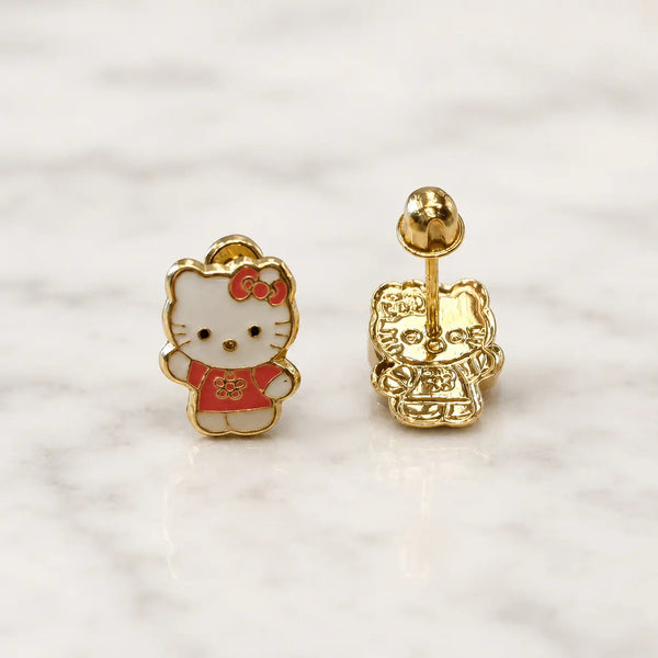 14K yellow gold red bow cat enamel stud earrings shown front and back on marble surface