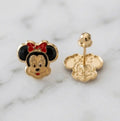 14K yellow gold red bow mouse enamel screw back stud earrings shown front and back on marble surface