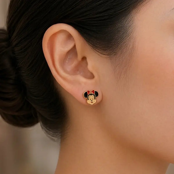 14K yellow gold red bow mouse enamel stud earring worn on ear showing petite everyday fit