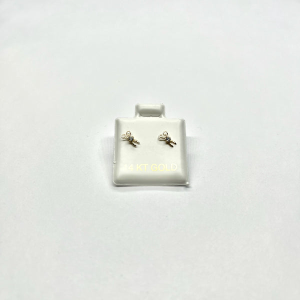 14K yellow gold scissors CZ stud earrings on display card labeled 14 KT gold on white background