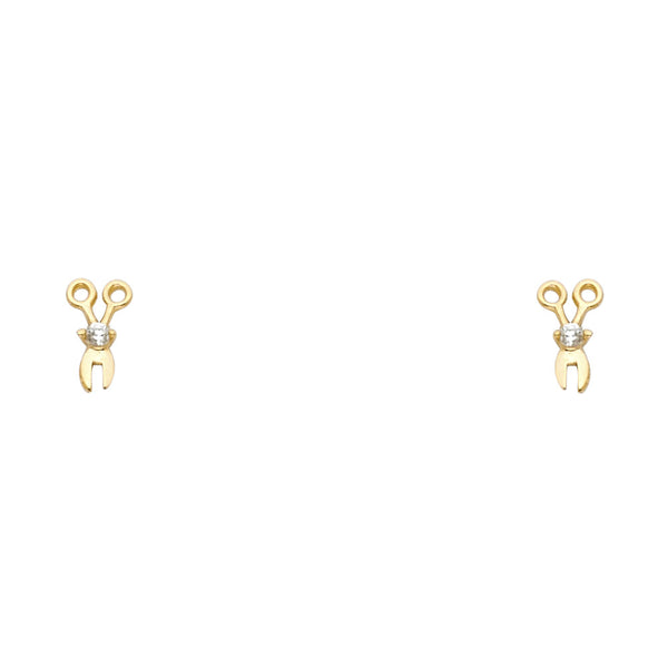 14K yellow gold scissors stud earrings with round CZ at center pivot and polished scissor motif on white background
