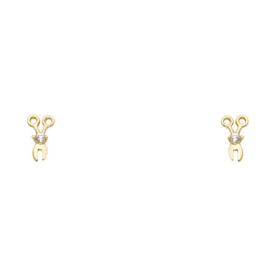 14K yellow gold scissors stud earrings with round CZ at center pivot and polished scissor motif on white background