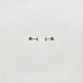 14K yellow gold scissors CZ stud earrings side view showing post and screw-back barrel on white background
