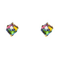 14K yellow gold square rainbow CZ stud earrings with prong setting and screw back closure showing multicolor reflection on white background