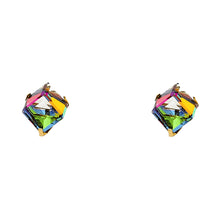 14K yellow gold square rainbow CZ stud earrings with prong setting and screw back closure showing multicolor reflection on white background