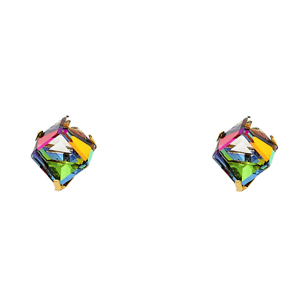 14K yellow gold square rainbow CZ stud earrings with prong setting and screw back closure showing multicolor reflection on white background