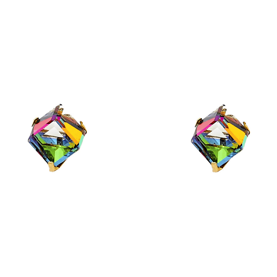 14K yellow gold square rainbow CZ stud earrings with prong setting and screw back closure showing multicolor reflection on white background
