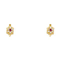 14K yellow gold turtle stud earrings with red CZ center stone and white CZ accents with screw back closure on white background