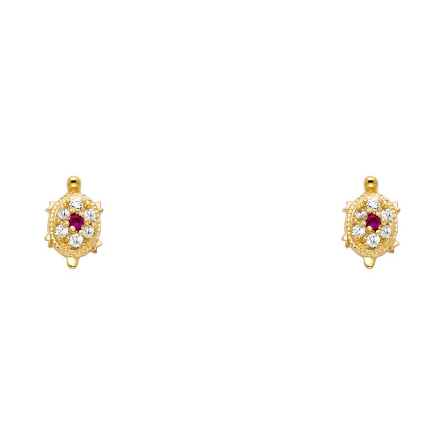 14K yellow gold turtle stud earrings with red CZ center stone and white CZ accents with screw back closure on white background